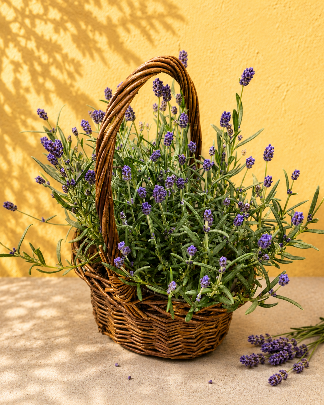 Blomstrende lavendel i yndig fletkurv med lilla lavendelblomster til terrasse, altan og have.
